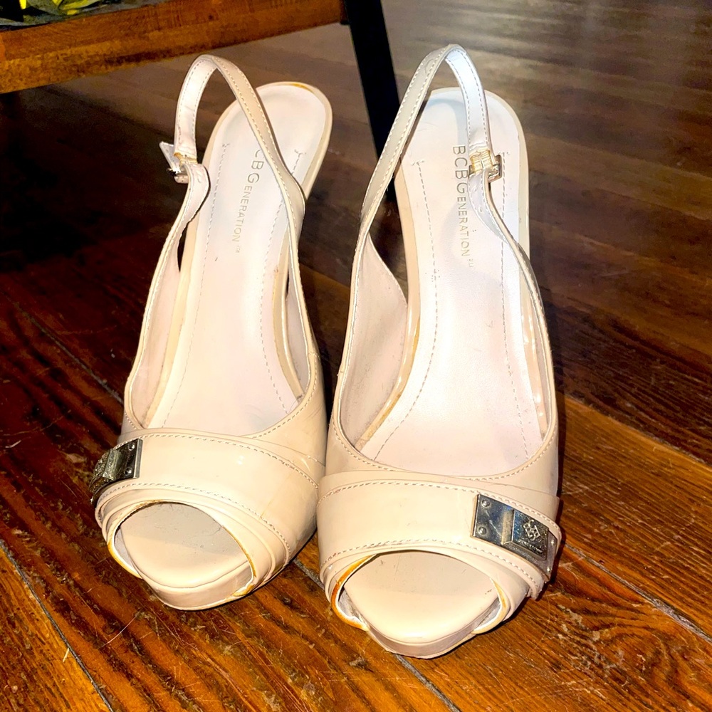 BCBG Nude Peep Toe Heels with Ankle Strap and Metal Clasp Detail